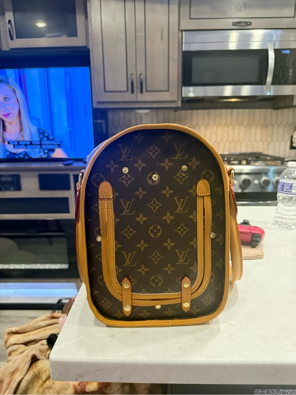 Luxury Monogram Brown Leather Crossbody Bag with Tan Trim